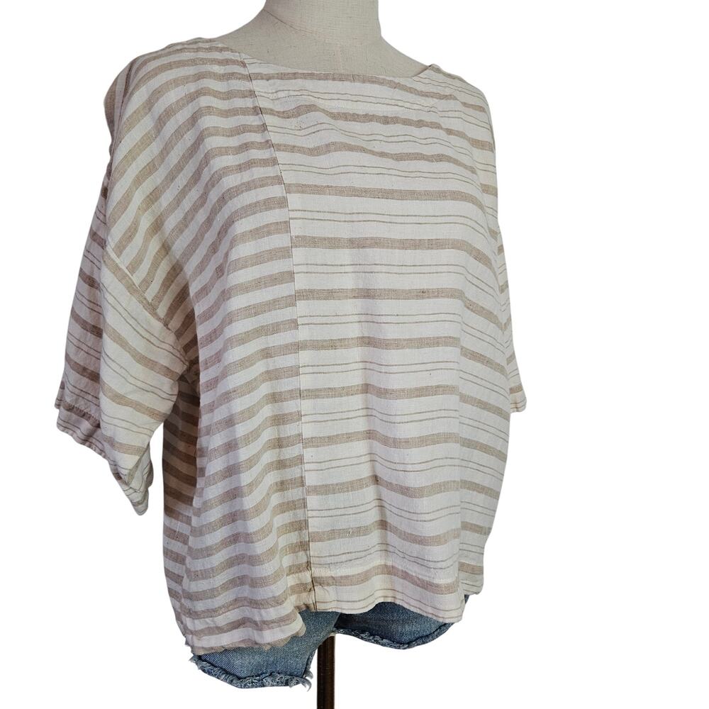 J.Jill Linen Stripe Boxy Blouse S Petite Beige Ivory Half Sleeve Top
